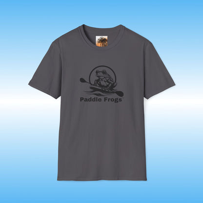 Gray t-shirt with 'Paddle Frogs' logo on a blue background