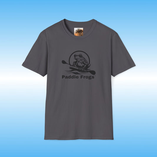 Gray t-shirt with 'Paddle Frogs' logo on a blue background