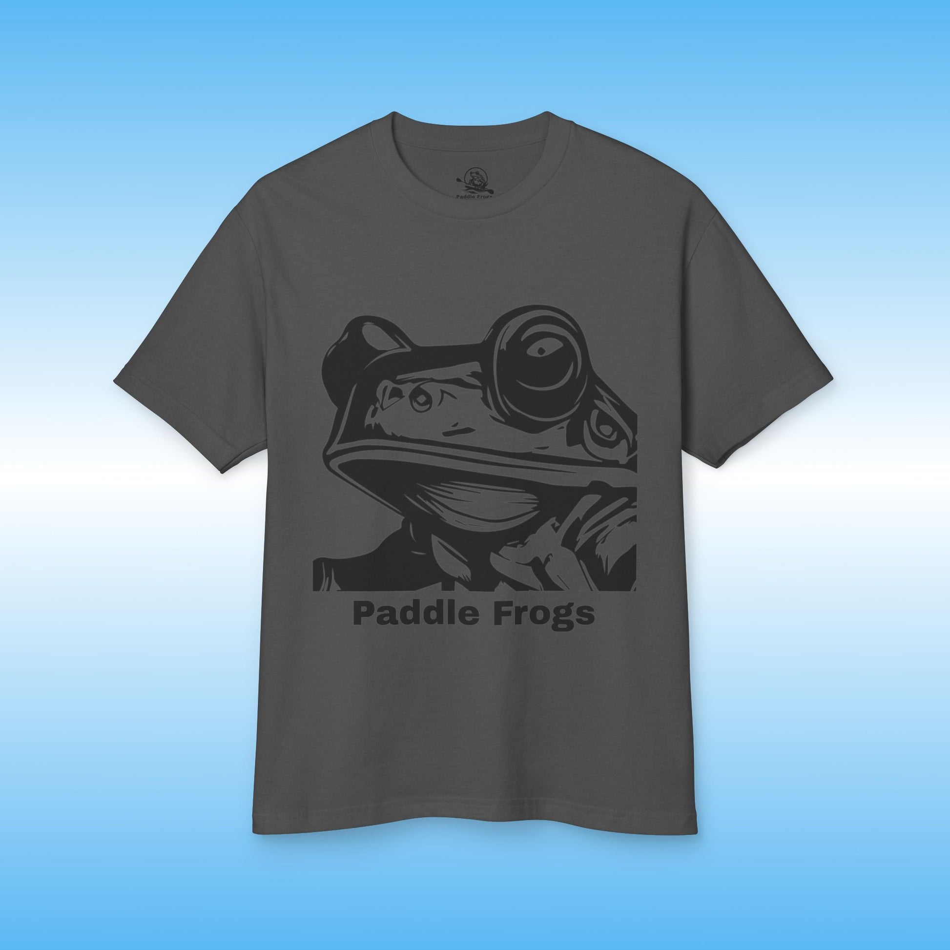Gray t-shirt with a black frog graphic and 'Paddle Frogs' text on a blue background Pop Art collection 