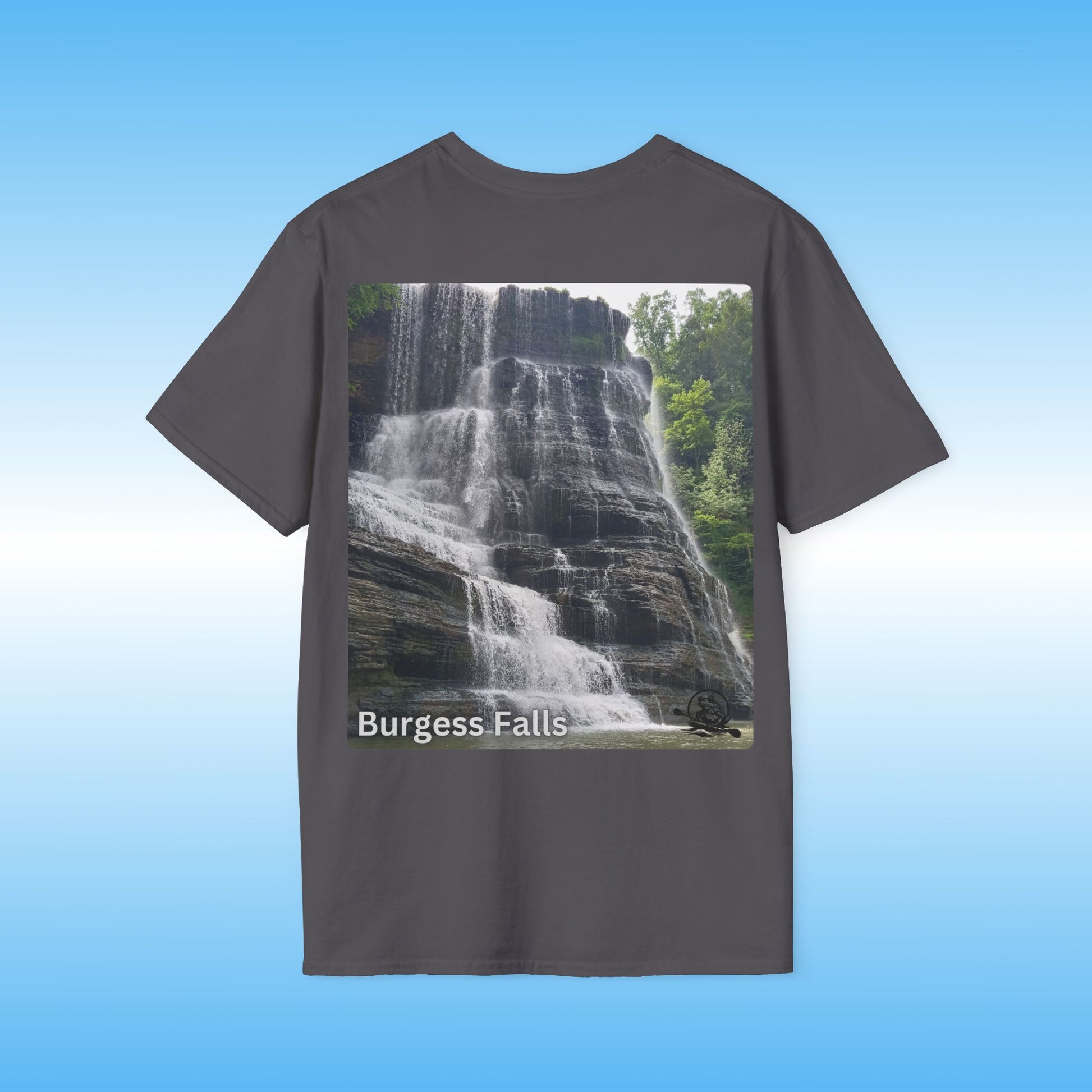 Gray t-shirt with a waterfall graphic and 'Burgess Falls' text on a blue background