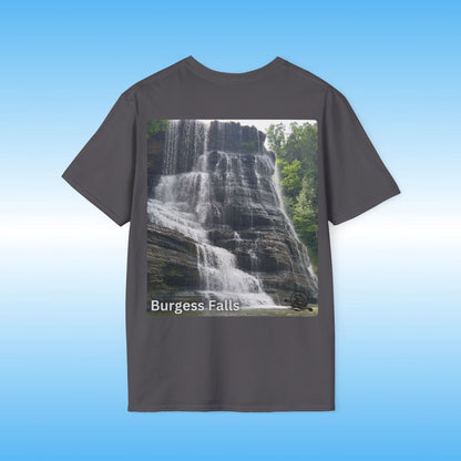 Gray t-shirt with a waterfall graphic and 'Burgess Falls' text on a blue background