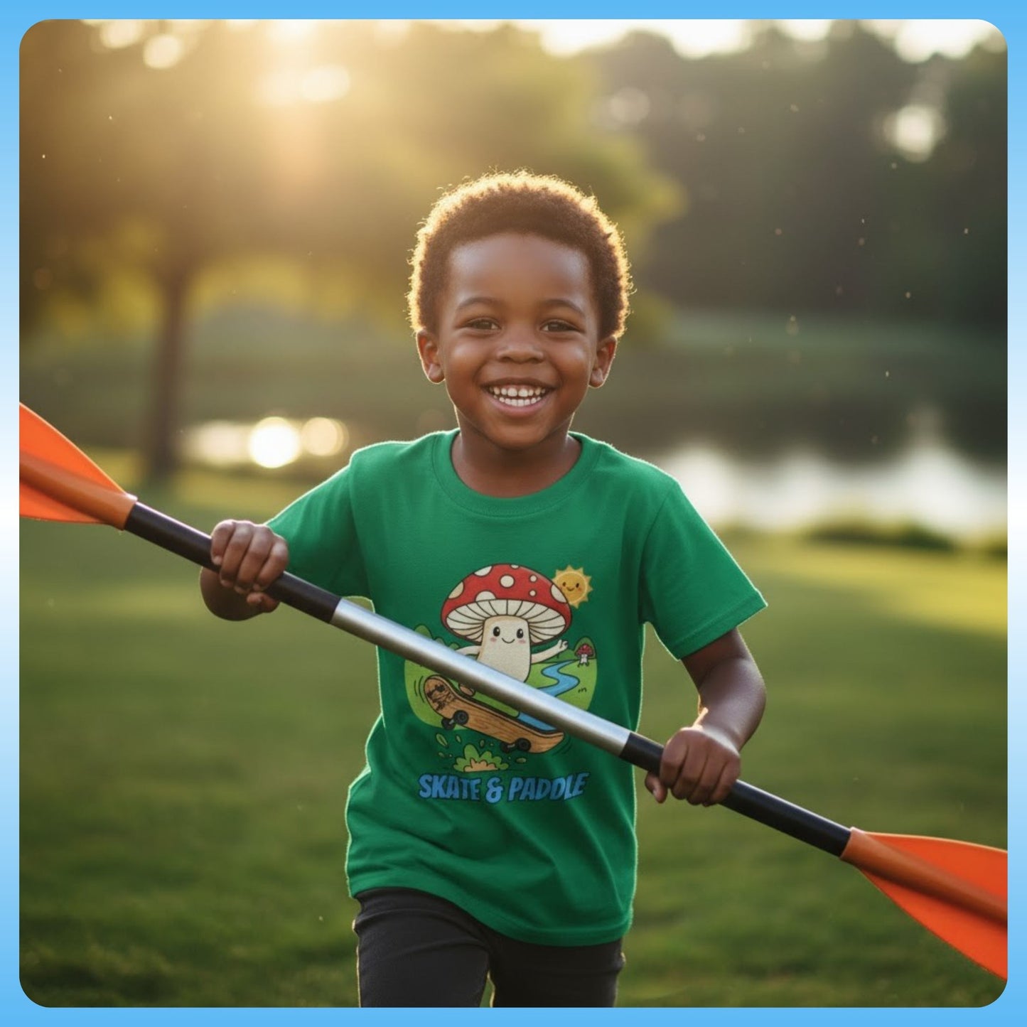Asphalt gray Gnarly Fungi Fun: The Skate-Shroom Adventure Tee!Child holding a paddle with a scenic background