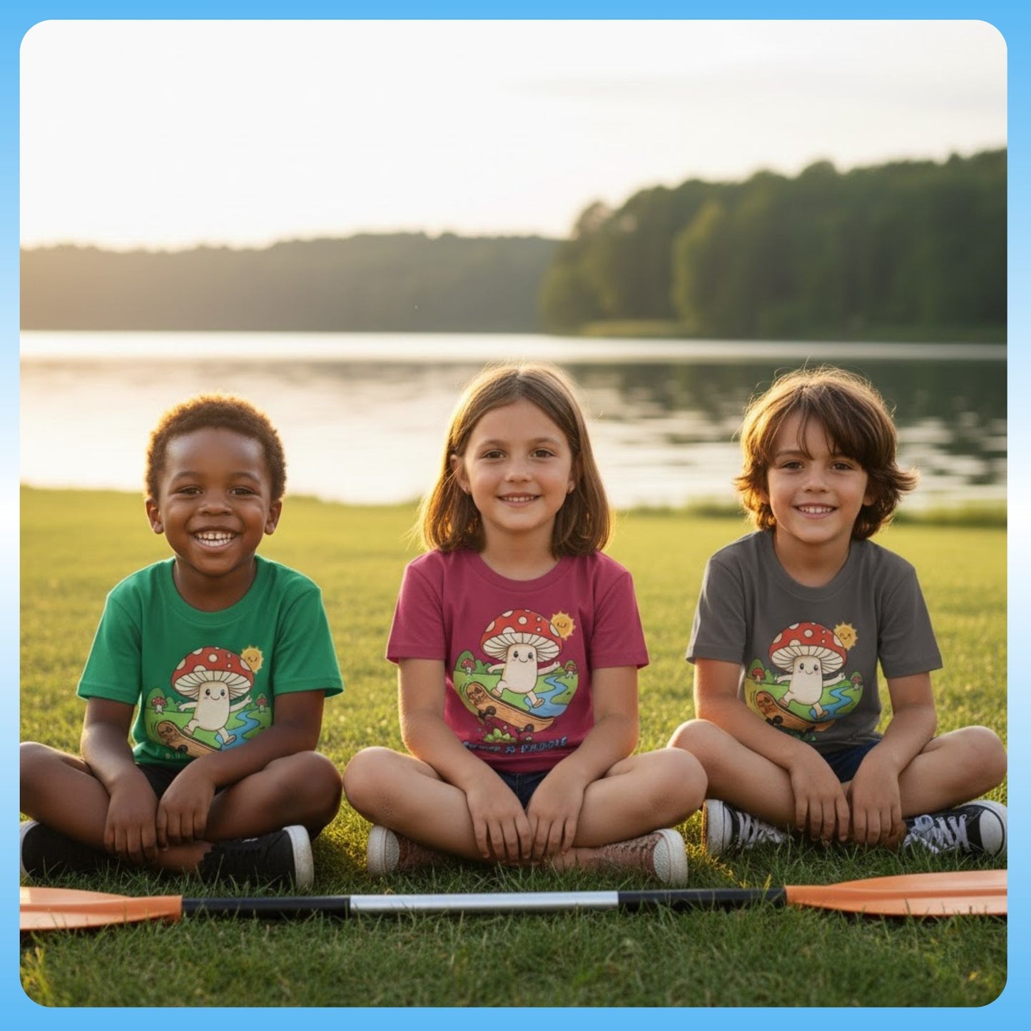 Green, Berry, Asphalt gray 3 colors - Gnarly Fungi Fun: The Skate-Shroom Adventure Tee! Three children sitting crisscross applesauce on the grass by a lake, smiling at the camera.