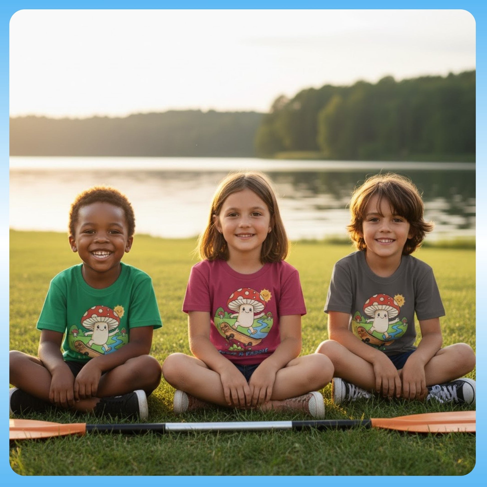 Green, Berry, Asphalt gray 3 colors - Gnarly Fungi Fun: The Skate-Shroom Adventure Tee! Three children sitting crisscross applesauce on the grass by a lake, smiling at the camera.