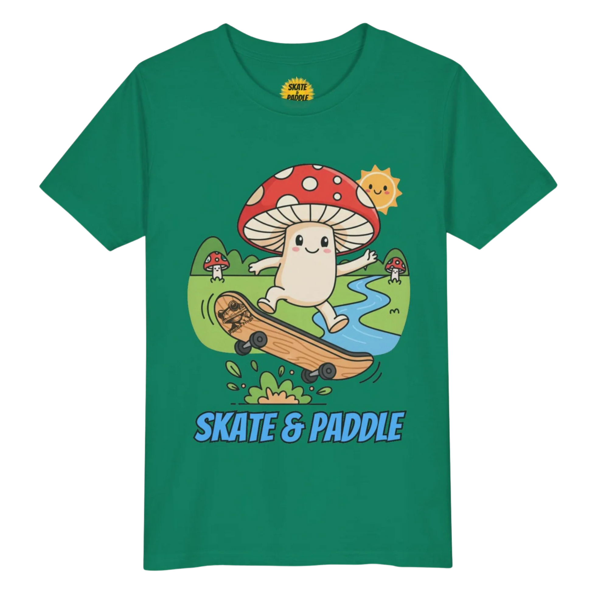 Green Mushroom character skateboarding jumping a bush Paddle Frogs Kids - Skate & Paddle Tee