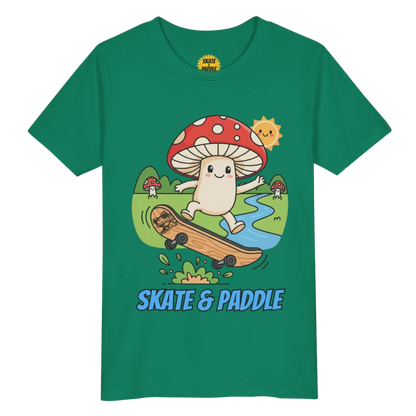 Green Mushroom character skateboarding jumping a bush Paddle Frogs Kids - Skate & Paddle Tee