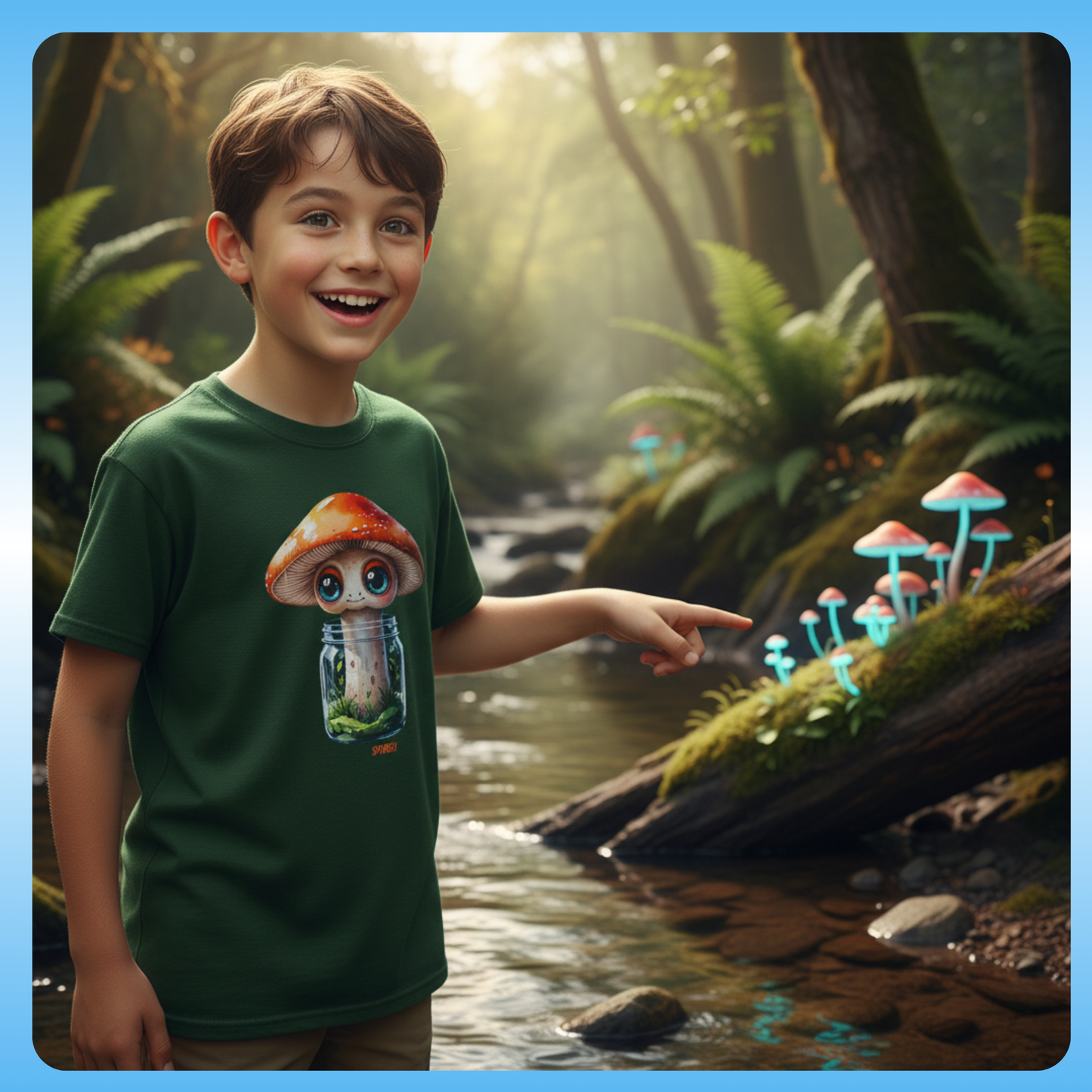 Green Sporeli From the world of Paddle Frogs Musical Stories comes the Sporeli Youth T-Shirt, a playful and imaginative design that sparks curiosity and adventure. Perfect for children who love music, storytelling, and magical characters Child wearing a green t-shirt with a mushroom design, standing in a forest with animated mushrooms.