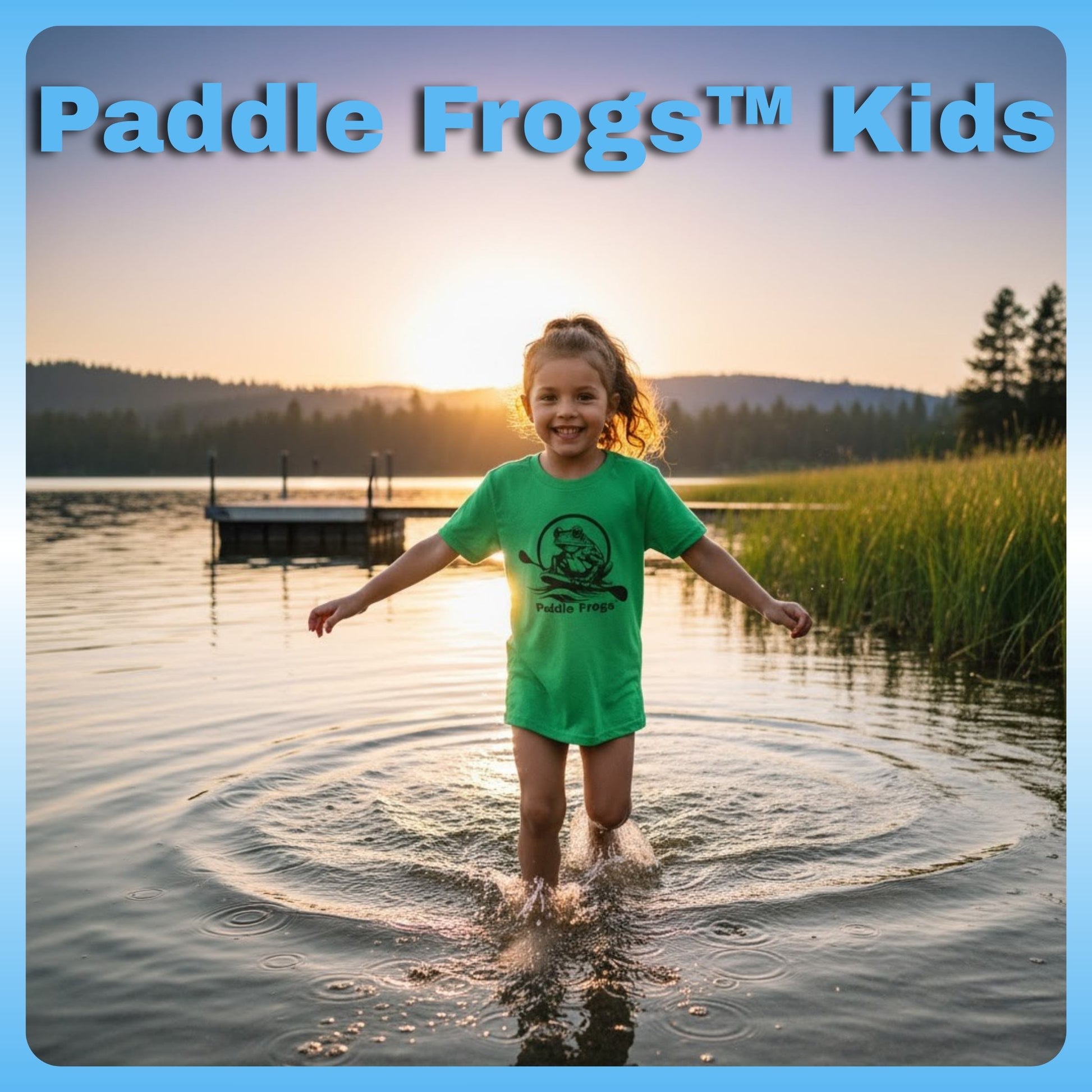 Green action shot - Kids Tee (Big Fit) 7 Colors | Paddle Frogs Kids Child in a green shirt standing in water with 'Paddle Frogs Kids' text at the top.