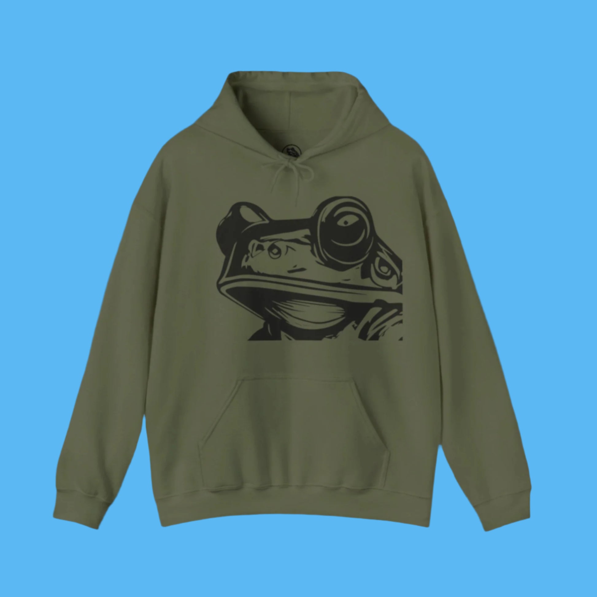 Green hoodie with Paddle Frogs Frog face on the front, Bill on the back 