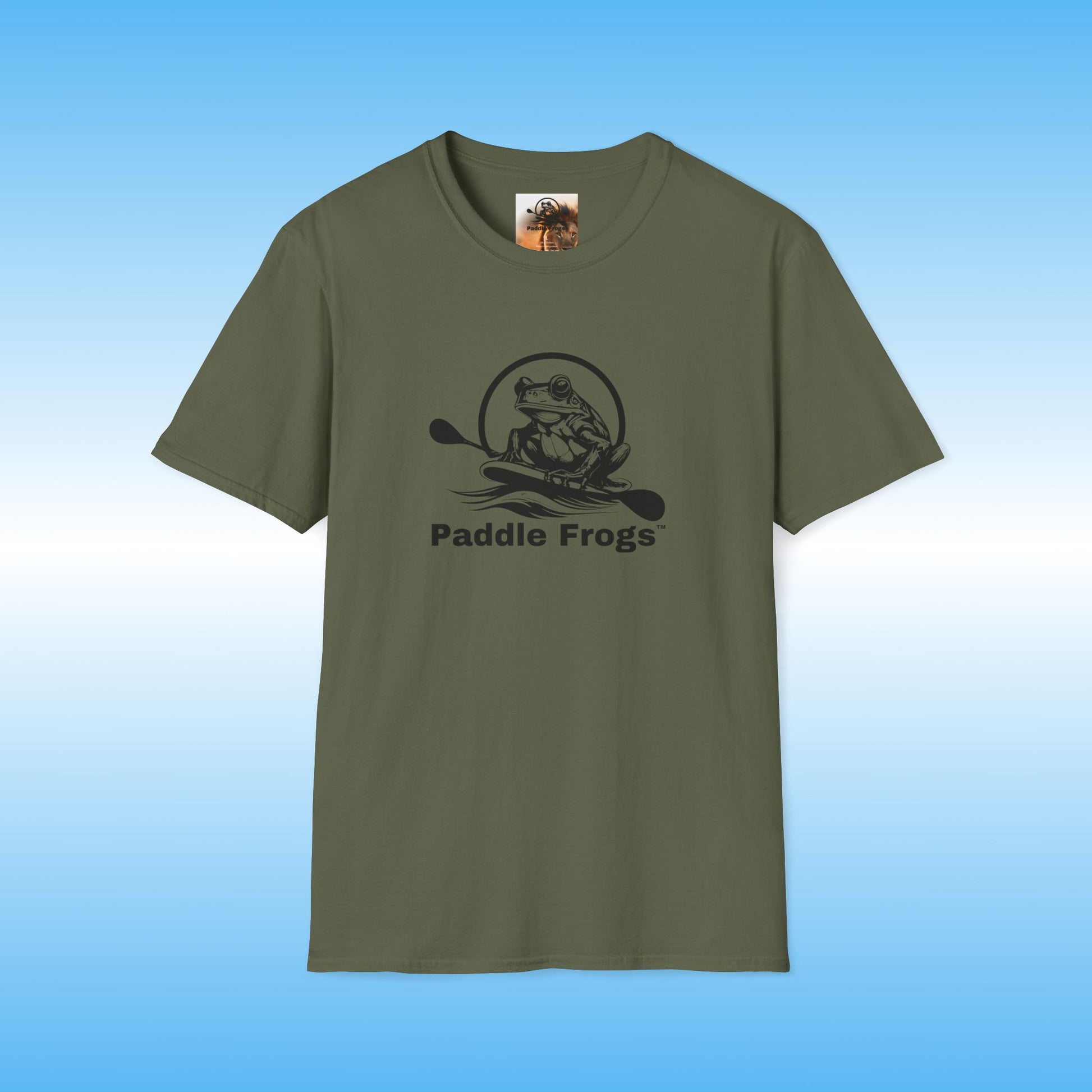 Green t-shirt with 'Paddle Frogs' logo on a blue background