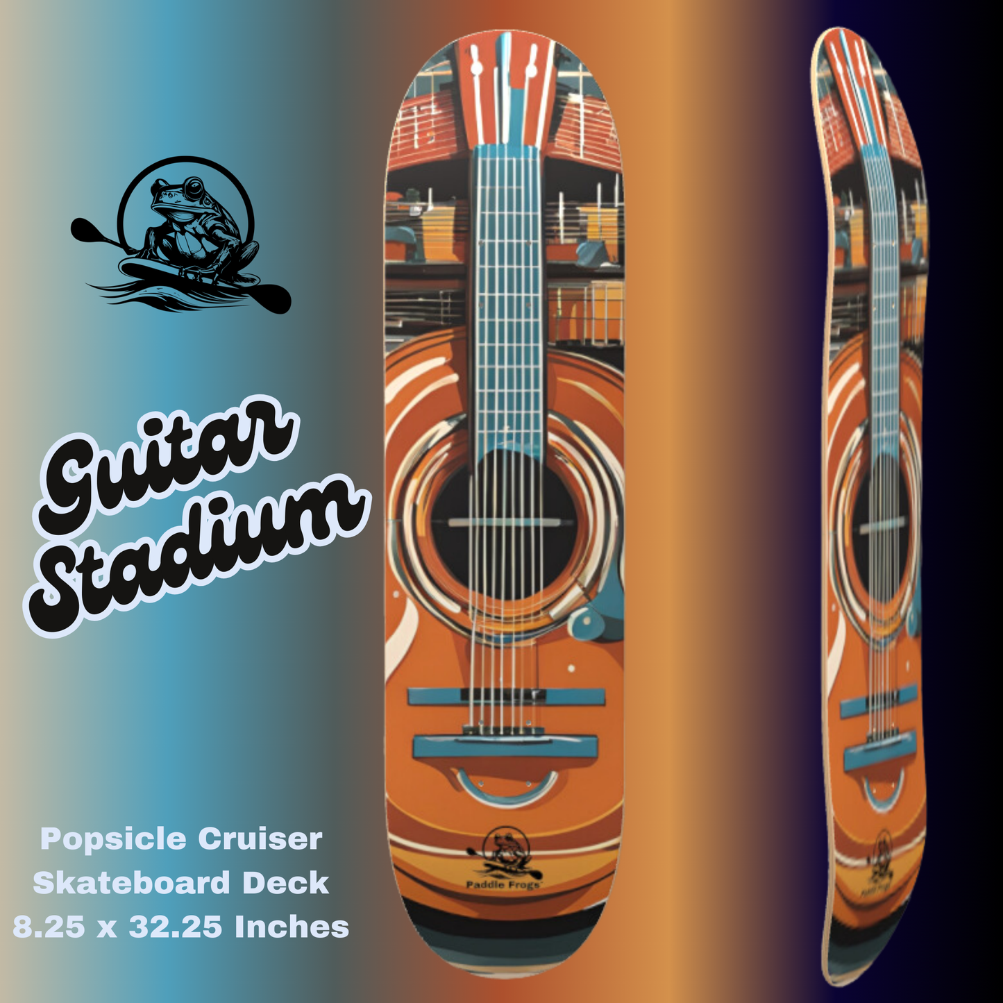 Guitar Stadium popsicle cruiser skateboard deck by Paddle Frogs