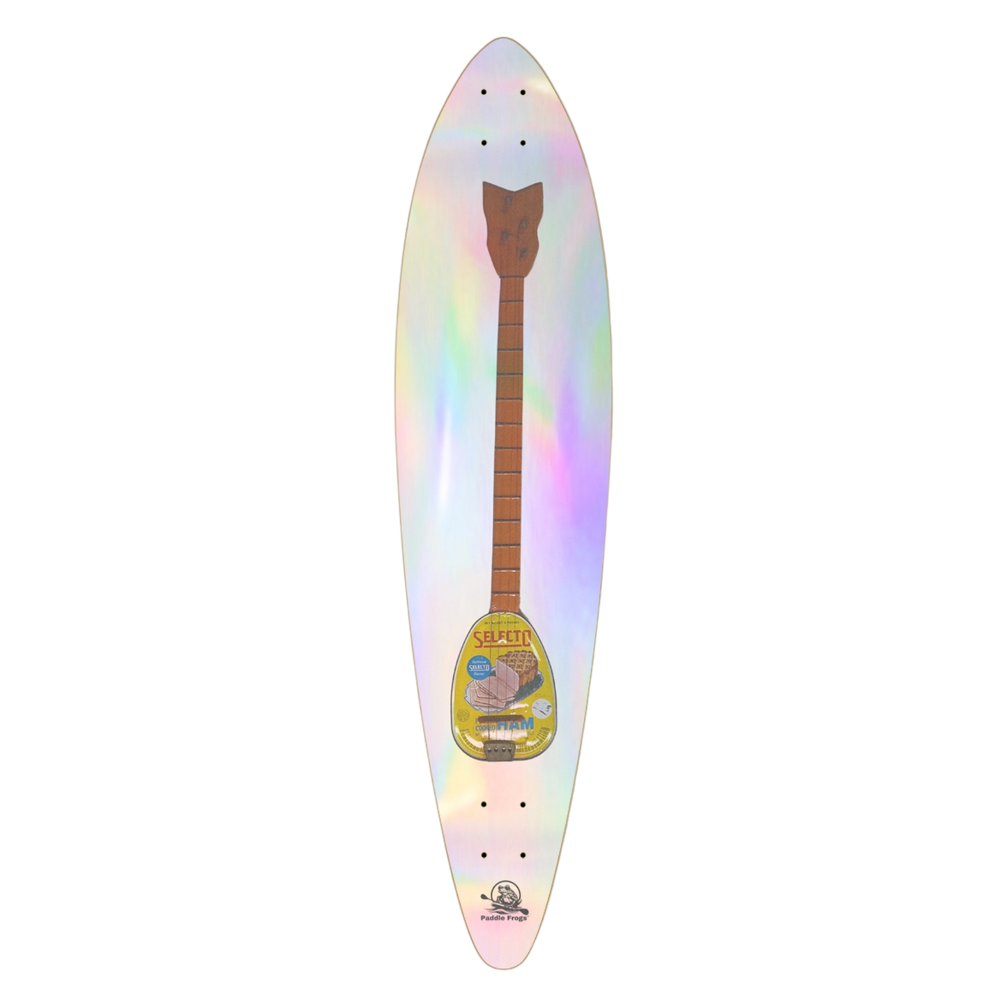 Ham Can Banjo Pintail deck by Paddle Frogs Outdoor Gear Iridescent skateboard deck with a guitar graphic on a white background
