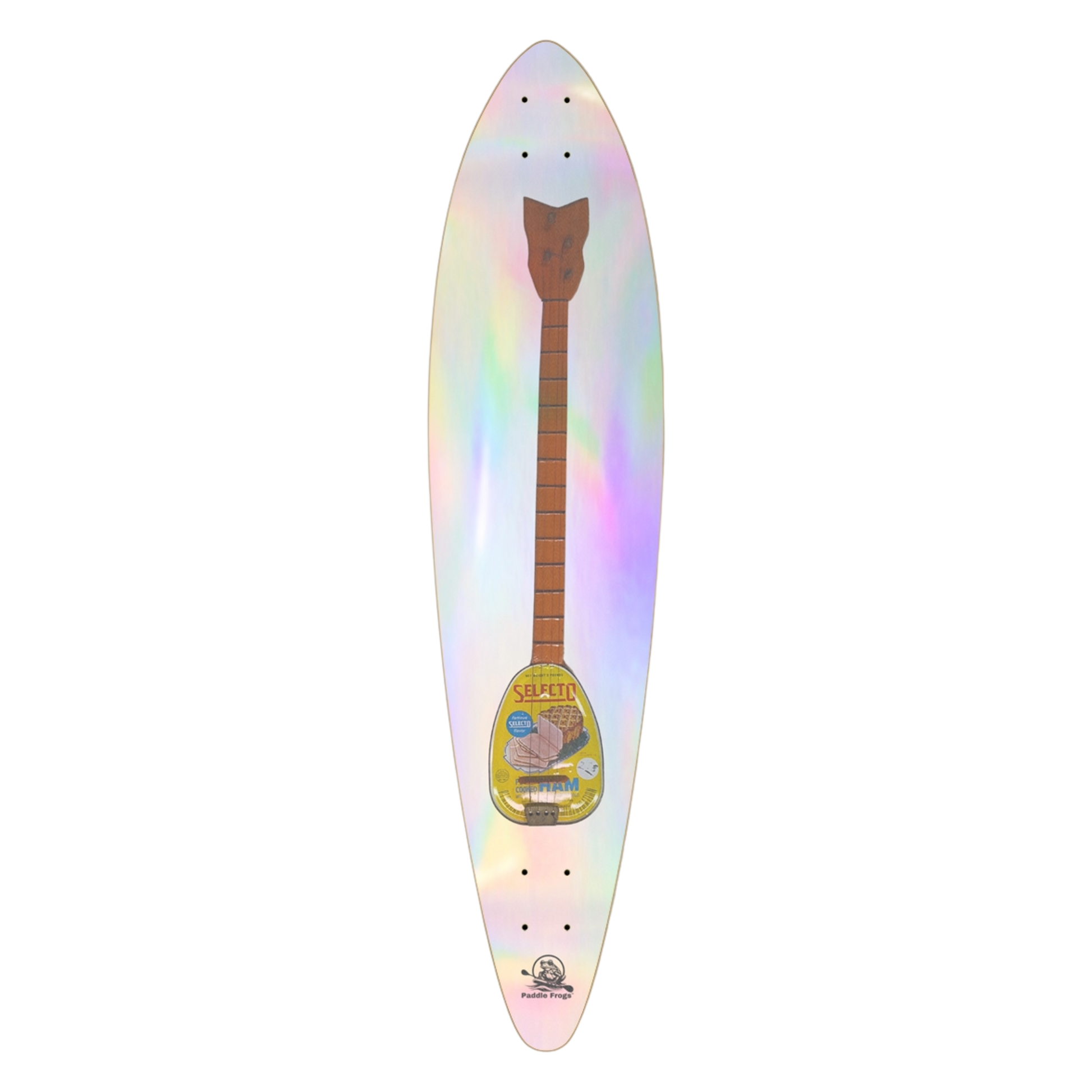 Ham Can Banjo Pintail deck by Paddle Frogs Outdoor Gear Iridescent skateboard deck with a guitar graphic on a white background