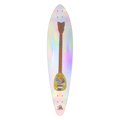Ham Can Banjo Pintail deck by Paddle Frogs Outdoor Gear Iridescent skateboard deck with a guitar graphic on a white background