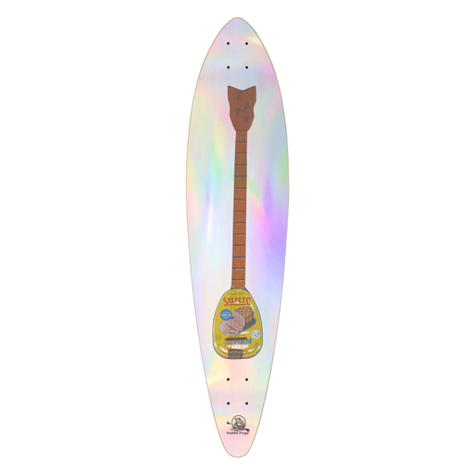 Ham Can Banjo Pintail deck by Paddle Frogs Outdoor Gear Iridescent skateboard deck with a guitar graphic on a white background