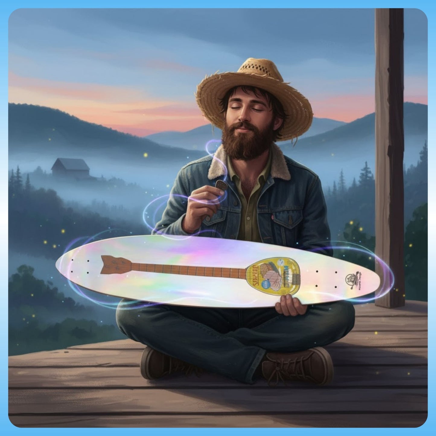 Ham Can Banjo Pintail Longboard with its iridescent Man sitting on a wooden deck holding a colorful skateboard with a mountainous background