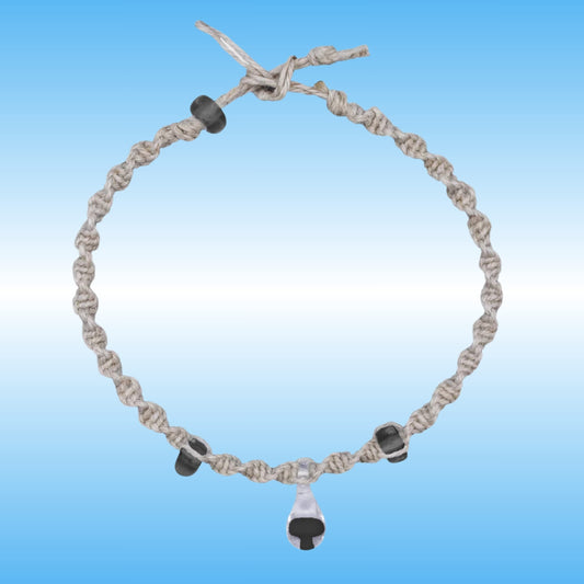 Hand-Braided Hemp Mushroom Anklet or Bracelet with a glass center piece with a black mushroom inside.