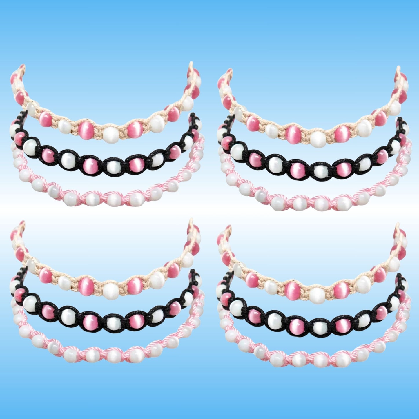 Four matching beaded headbands arranged in a 2x2 grid on a light blue gradient background. Each headband features three rows of beads: a top row of white pearl-like beads, a middle row of alternating pink and white beads, and a bottom row of alternating black and pink beads.