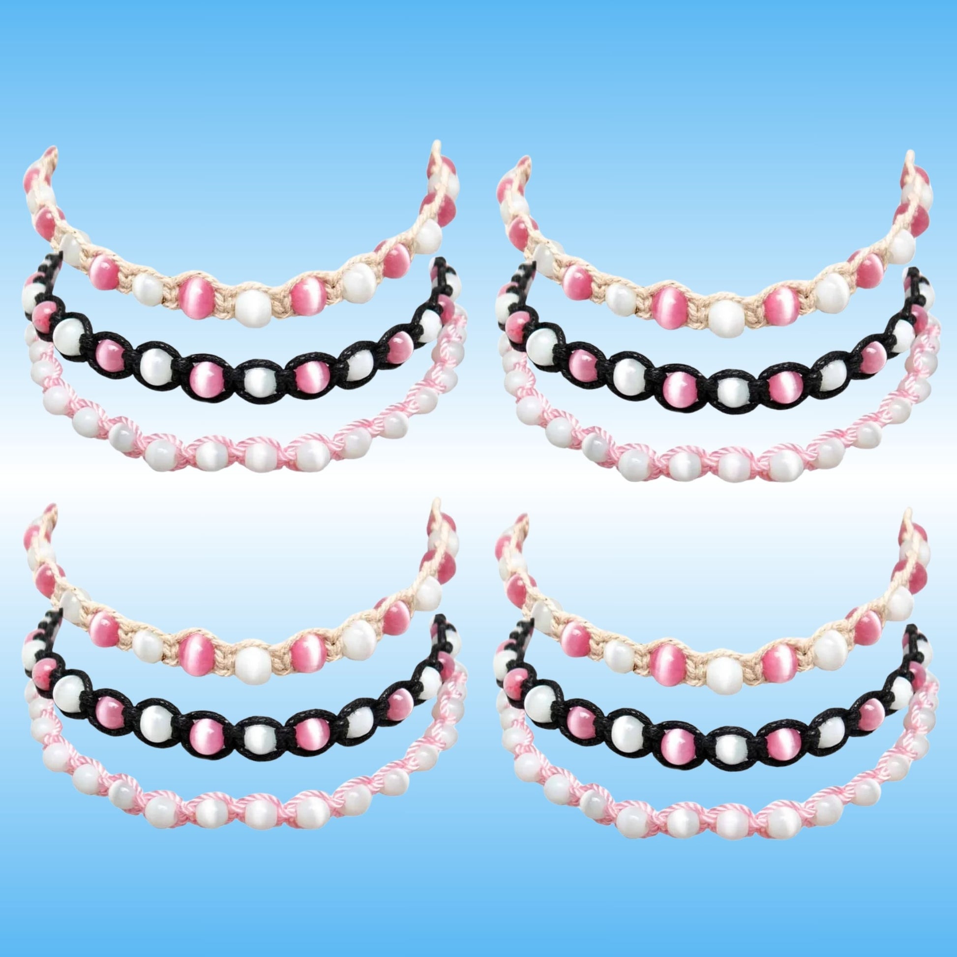 Four matching beaded headbands arranged in a 2x2 grid on a light blue gradient background. Each headband features three rows of beads: a top row of white pearl-like beads, a middle row of alternating pink and white beads, and a bottom row of alternating black and pink beads.