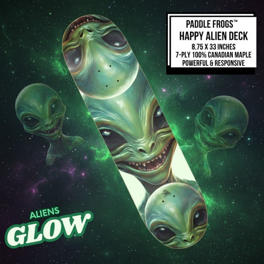 Happy Alien Glow in the dark 8.75 skateboard deck by Paddle Frogs pro skate shop