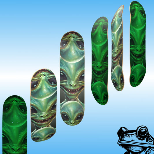 Happy Alien glow in the dark skateboard deck Green alien design on skateboard decks against a blue background