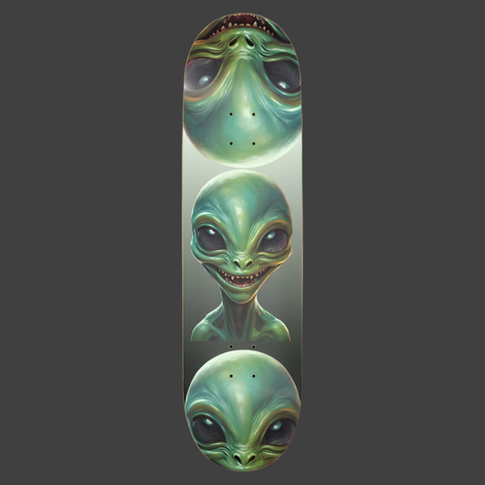 Happy Alien glow in the dark skateboard deck by Paddle Frogs