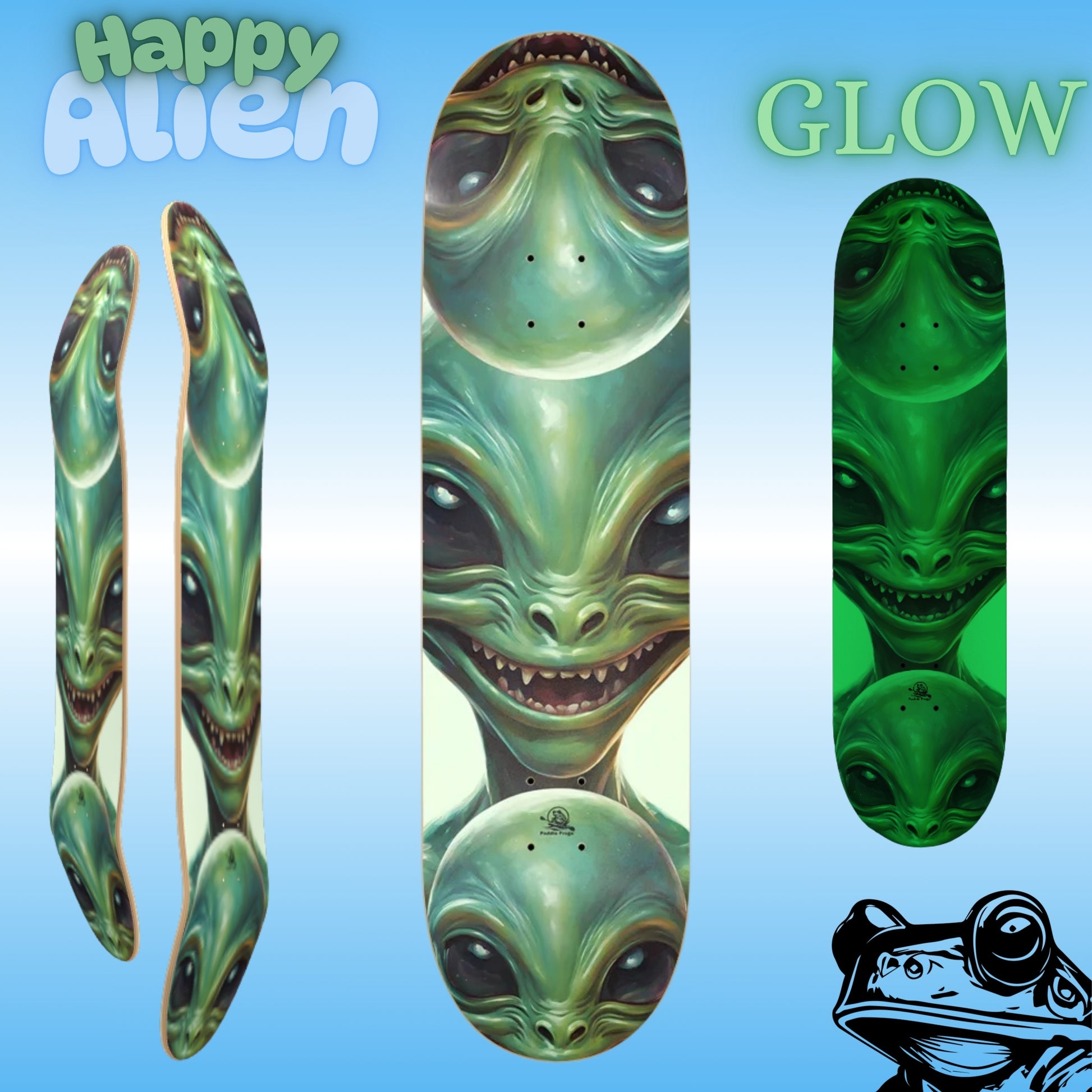 Skateboard deck with alien design on a blue background, featuring the brand 'Paddle Frogs' Happy Alien skateboard deck.