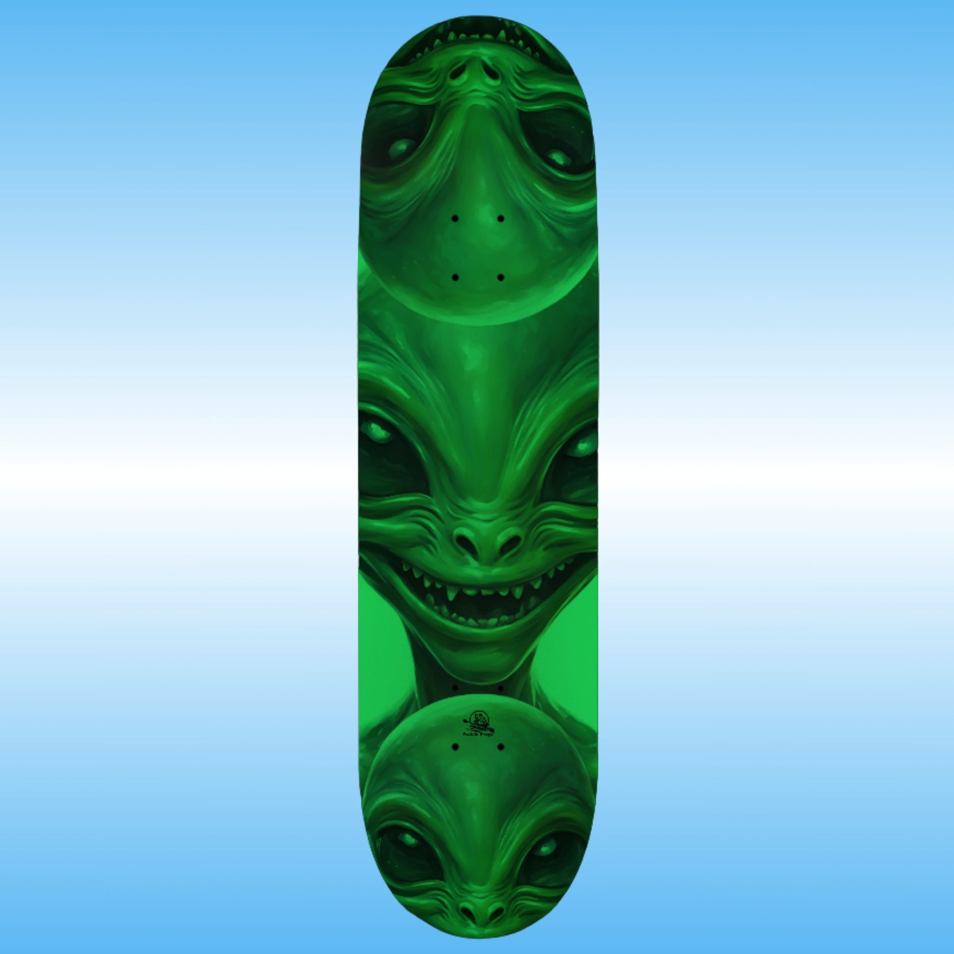 Professional glow in the dark Skateboard deck with green alien design on a blue gradient background