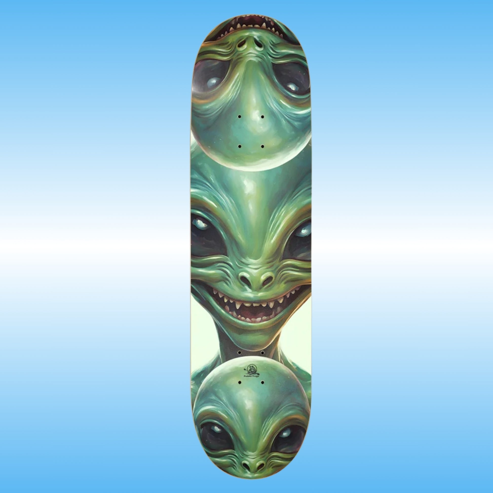 Skateboard deck with alien design on a blue gradient background