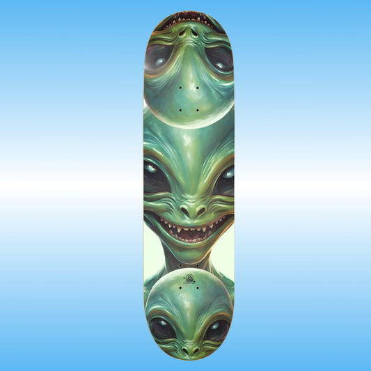 Skateboard deck with alien design on a blue gradient background