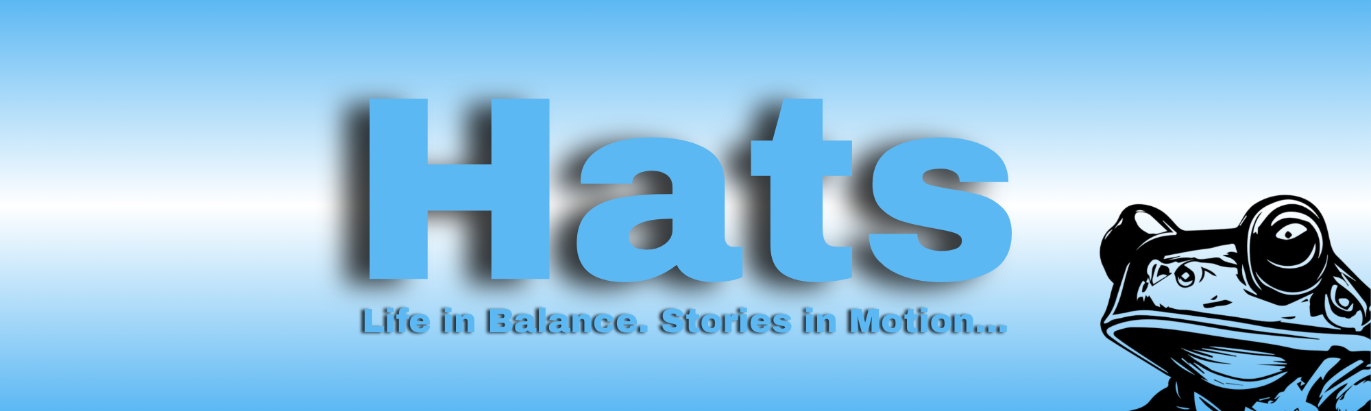 Hats | Paddle Frogs | Life in Balance. Stories in Motion. Head covers for Paddle board, skateboard, and nature lovers | Logo with 'Hats' text and a frog character on a blue background