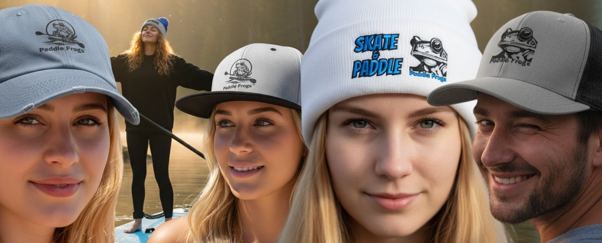 Hats by Paddle Frogs Skate and Paddle outdoor gear Collage of people wearing hats with visible branding on a river beach.