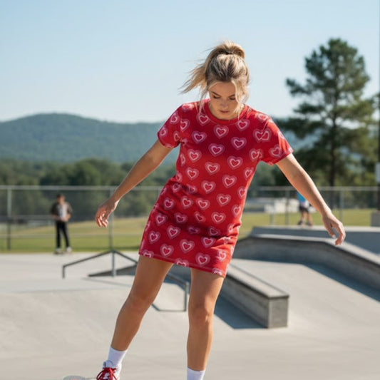 Person in a red dress with heart patterns at a skate park.
