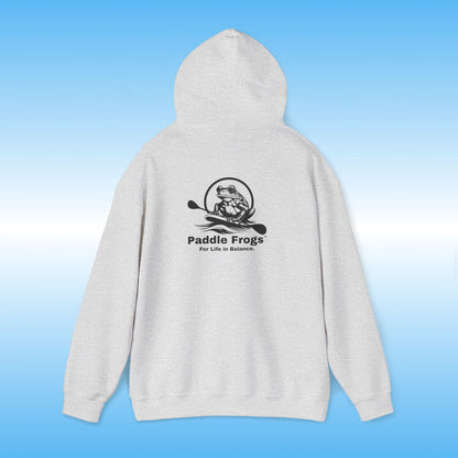 Heather Grey hoodie with 'Paddle Frogs' logo on a blue gradient background Heather Gray Original frog on a paddle board with a double bladed paddle For Life in Balance.