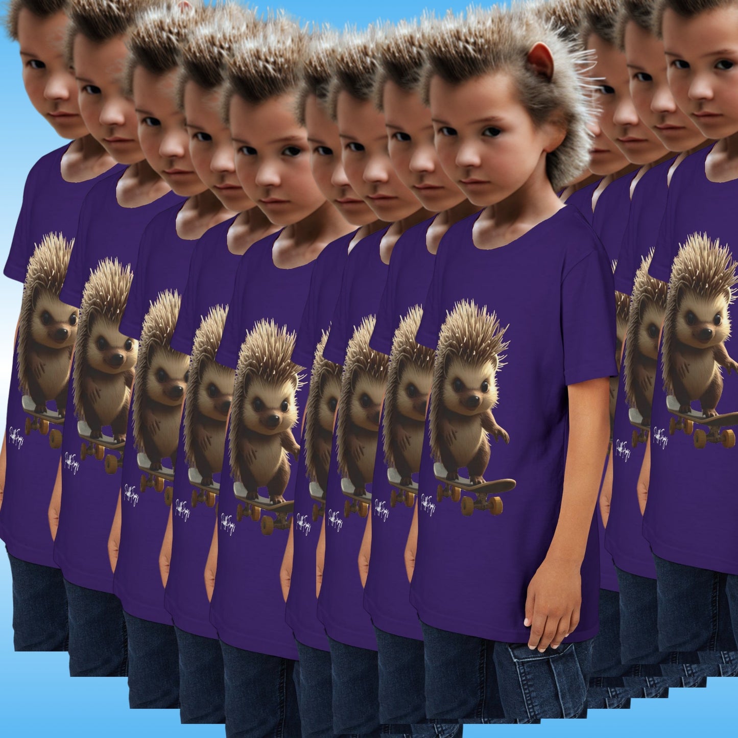 Hedgehog rides - Skateboard t-shirt for kids by Paddle Frogs (purple) | Multiple instances of a child wearing a purple t-shirt with a hedgehog graphic on a blue background