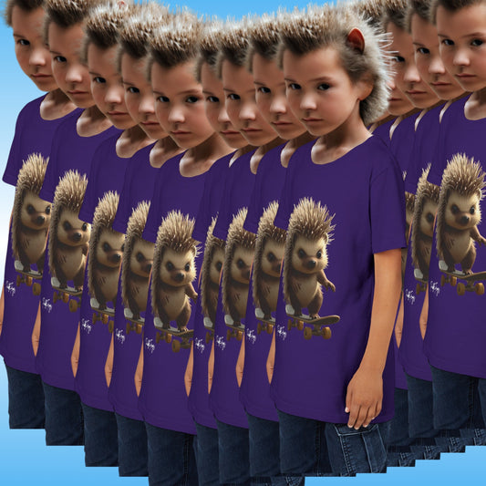 Hedgehog rides - Skateboard t-shirt for kids by Paddle Frogs (purple) | Multiple instances of a child wearing a purple t-shirt with a hedgehog graphic on a blue background