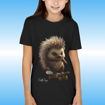 Hedgehog riding a skateboard by Paddle Frogs youth shirt black | Person wearing a black t-shirt with a hedgehog on a skateboard graphic