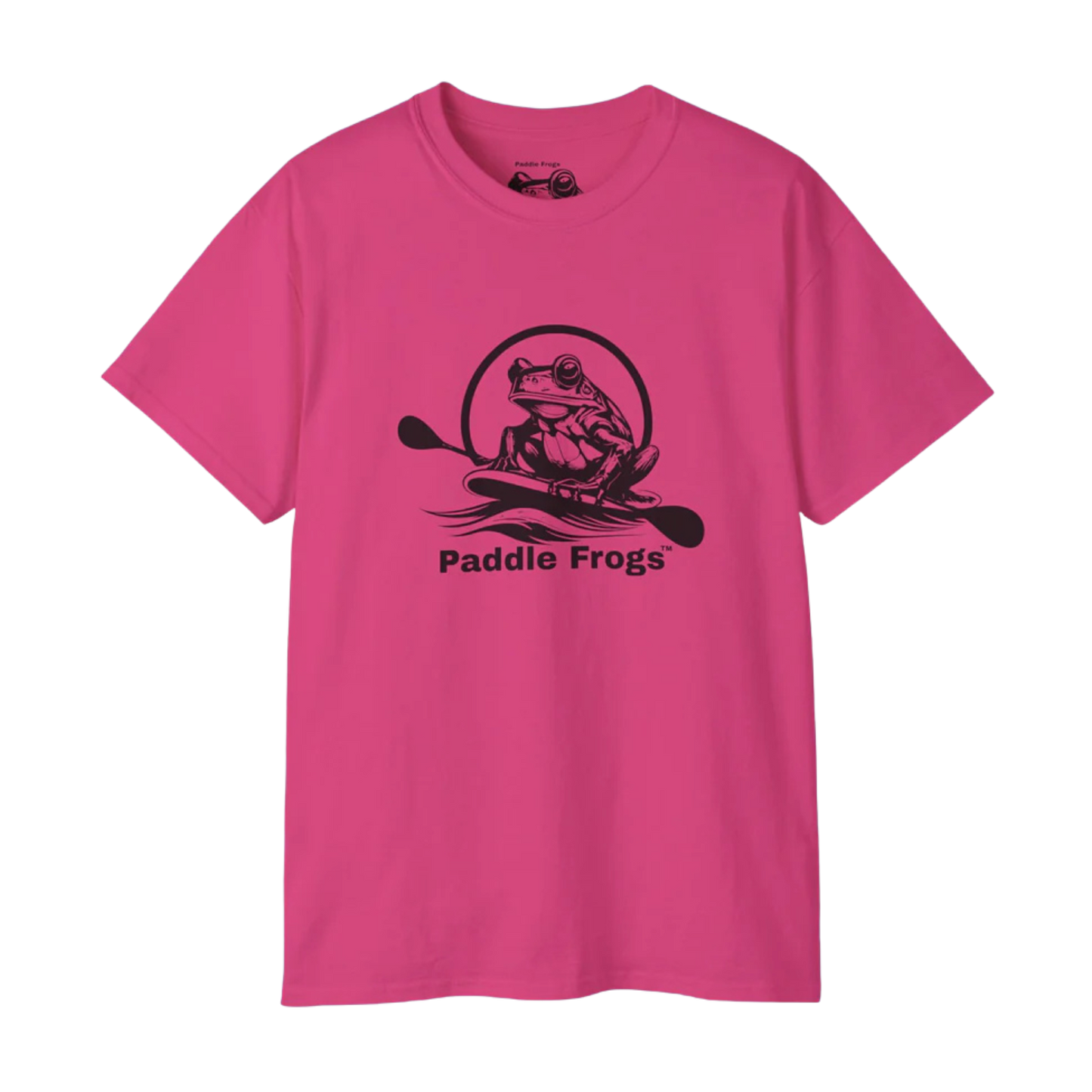Heliconia Pink t-shirt with black frog graphic and 'Paddle Frogs' text on a white background
