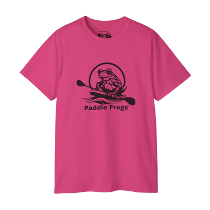 Heliconia Pink t-shirt with black frog graphic and 'Paddle Frogs' text on a white background