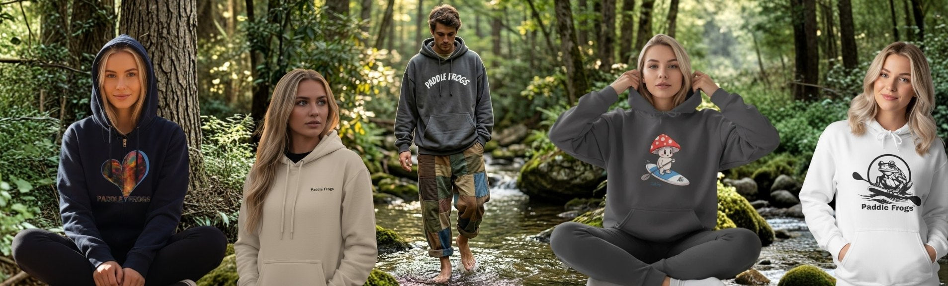 A man walking a creek and 4 woman modeling different outdoor apparel pieces in a forest stream setting. The garments include a dark navy hoodie with a graphic, a light beige puffer jacket, a gray graphic hoodie, a dark gray hoodie with a mushroom graphic, and a white hoodie with a graphic.