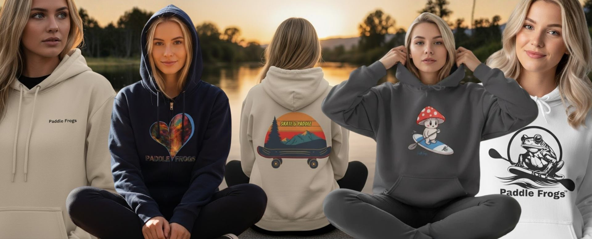 Hoodies by Paddle Frogs Outdoor Gear Skate and Paddleboard Co. Ladies wearing hoodies with various designs and Paddle Frogs branding, sitting by a lake at sunset.