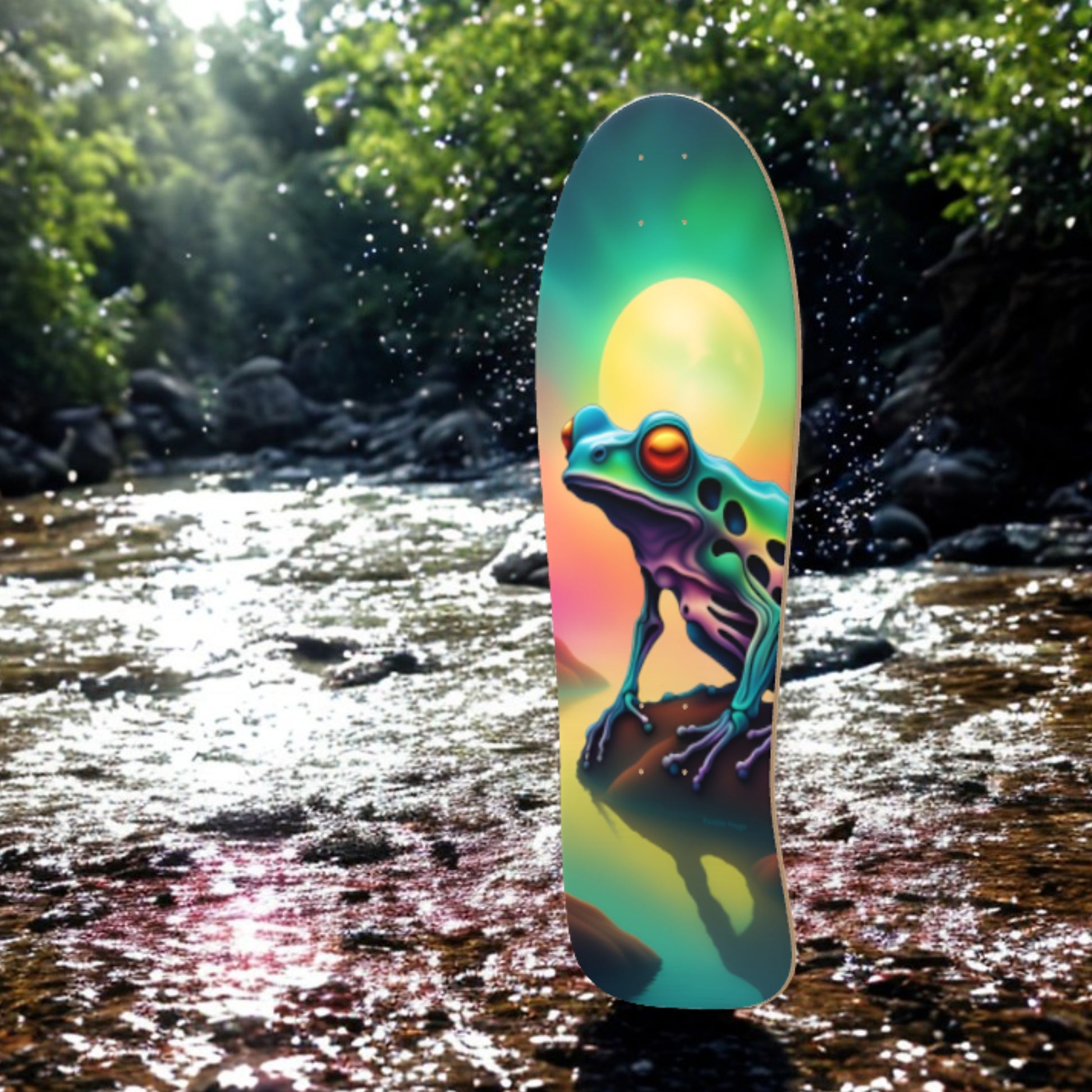 Hot Melt - Makes it to the cool water creek - stay hydrated - Classic Paddle Frogs Skateboard | Colorful skateboard with a frog design by a stream