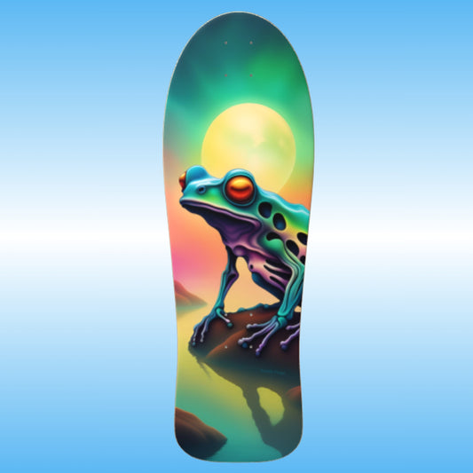 Hot Melt | classic old school retro 1990's 90's shape style skateboard deck | by Paddle Frogs skate shop | Skateboard deck with a colorful frog design on a blue gradient background