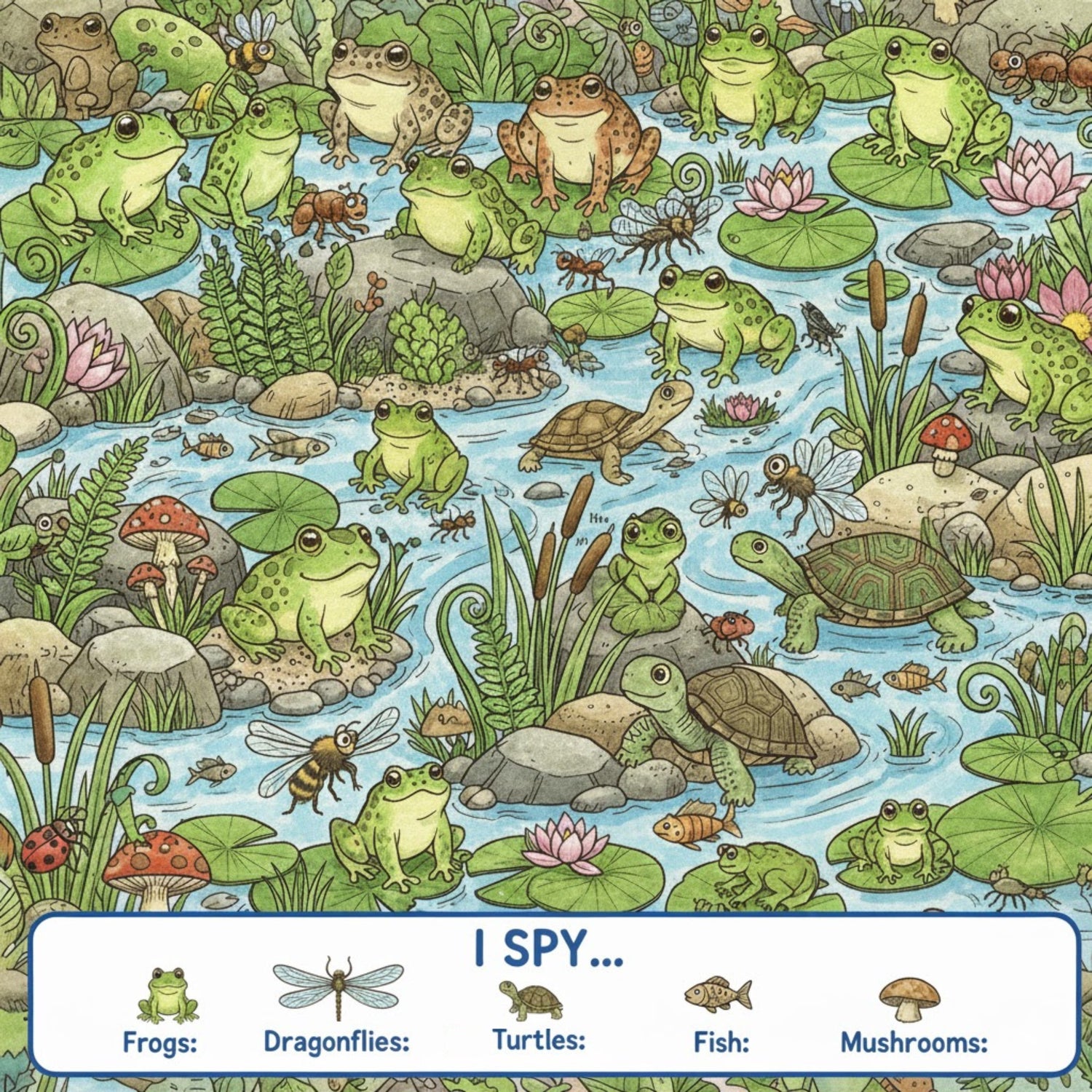 I Spy game with Paddle Frogs Kids an Illustration of a pond scene with frogs, dragonflies, turtles, fish, and mushrooms.