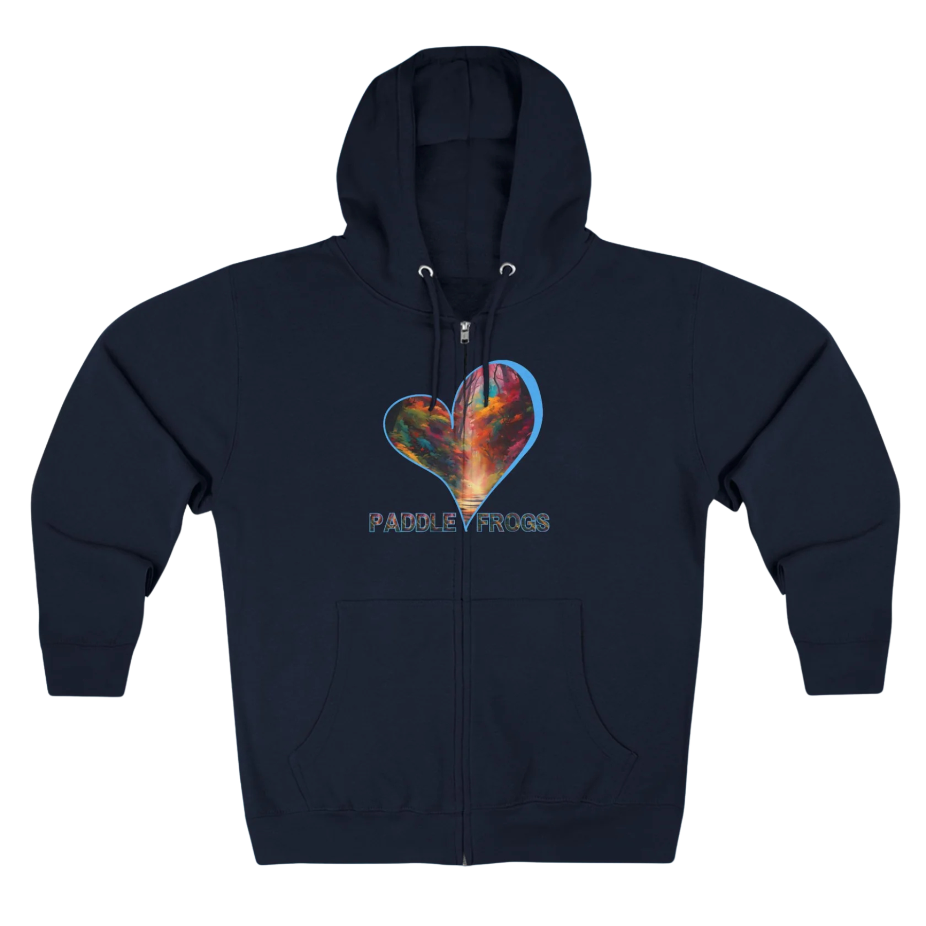 I love Autumn Trail | Full Zip Hoodie Navy blue with a colorful heart design and 'Paddle Frogs' text on a white background