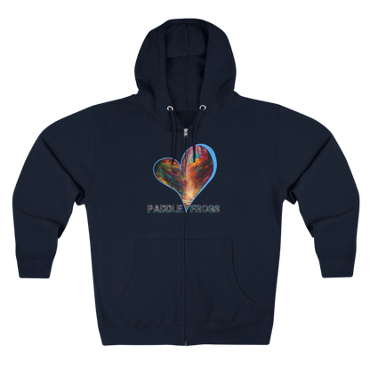 I love Autumn Trail | Full Zip Hoodie Navy blue with a colorful heart design and 'Paddle Frogs' text on a white background