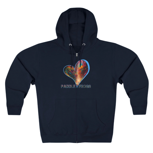 I love Autumn Trail | Full Zip Hoodie Navy blue with a colorful heart design and 'Paddle Frogs' text on a white background