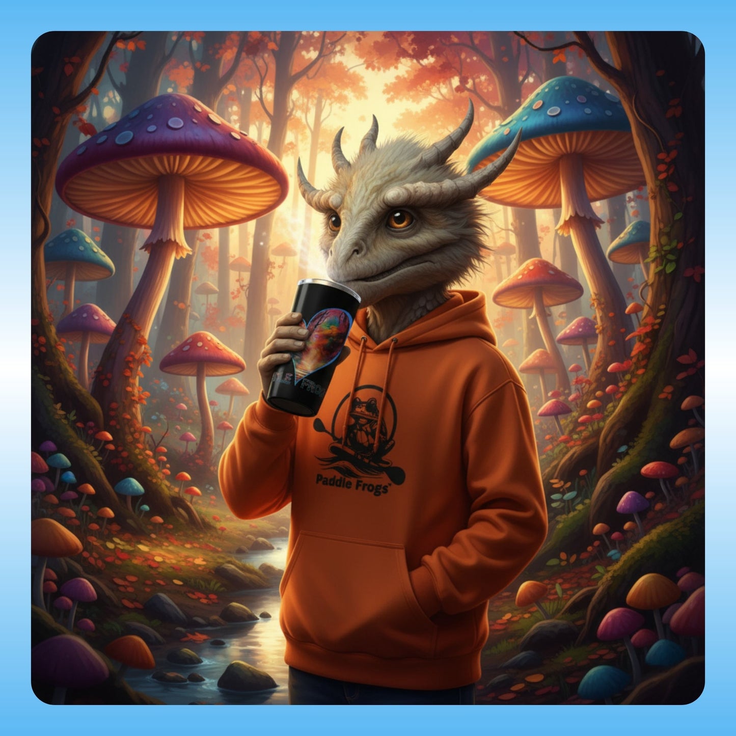 I love Autumn Trail | Zacharias in the Mushroom Forest - Paddle Frogs™ 20oz Tumbler Person in an orange hoodie with a dragon head in a fantasy forest setting
