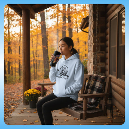 I love Autumn Trail 20oz tumbler | Woman sitting on a swing in front of a cabin with autumn trees in the background