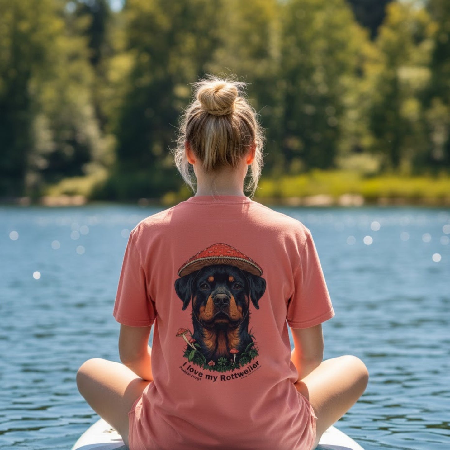 I love my Rottweiler Paddle Frogs Magic Mushroom Forest Tee Front side of coral reef on a paddle board crisscross applesauce crew model